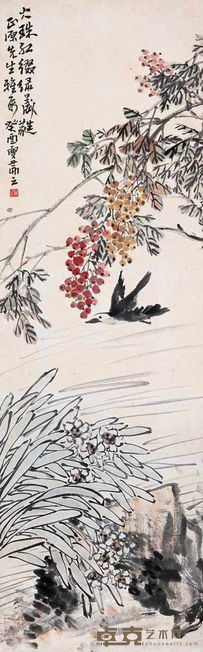 吴茀之 癸酉（1933）年作 花鸟 立轴 136×34cm